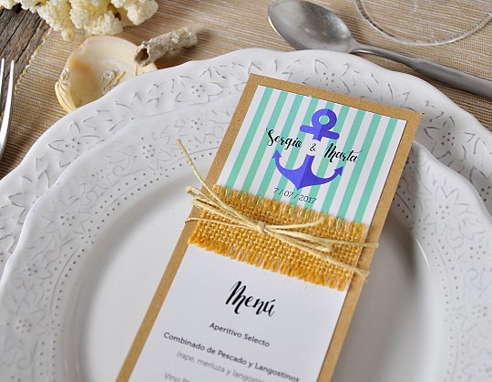 minuta menu boda mi ancla eres tu 02 con tela de saco - Weddingstudio minuta-menu-boda-mi-ancla-eres-tu-02